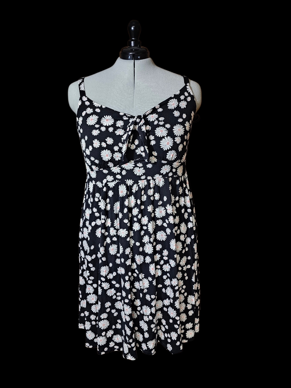 Black Daisy Print Midi Sundress with Tie Accent Front